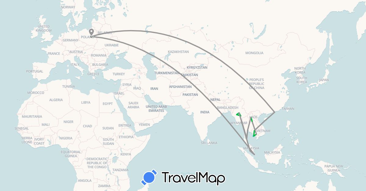 TravelMap itinerary: driving, bus, plane, boat in China, Cambodia, Laos, Myanmar (Burma), Malaysia, Poland, Singapore, Thailand (Asia, Europe)